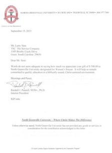 A letter from North Greenville University thanking Larry Sinn.
