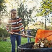 A girl shoveling leaves.
